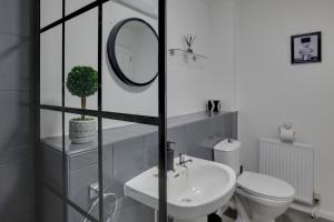 a bathroom with a sink and a toilet and a mirror at Entire home/flat perfect for contractors in Bishops Stortford