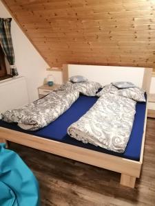 two beds in a room with wooden ceilings at Apartmán Dvě Micky in Pec pod Sněžkou