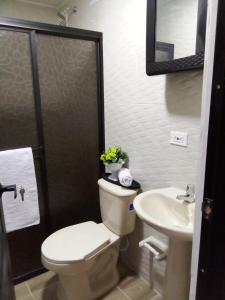een badkamer met een toilet en een wastafel bij Los Cauces familiar y central in Medellín