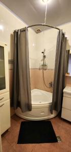a bathroom with a shower and a bath tub at Riverside Baratashvili Apartment in Tbilisi City +34 photos