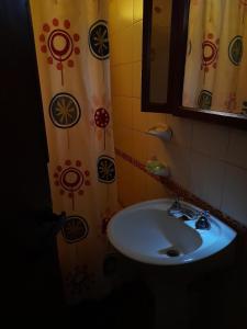 baño con lavabo y cortina de ducha en Valle del Yuspe en Cosquín