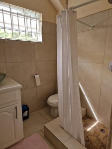 a bathroom with a shower with a toilet and a window at My Gem in the Caribbean in Castries
