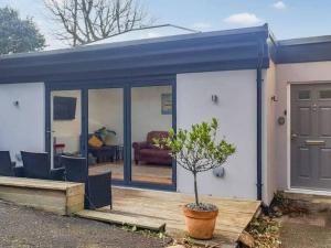 una pequeña casa con techo azul y un árbol en maceta en Chambercombe Villa - Harbour View, Decking, Garden, Games Room, sleeps 20, en Ilfracombe
