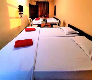 馬普沙的住宿－Mandarin Hotel Mapusa，一间设有两张床铺和红色枕头的客房