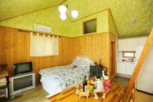 a bedroom with a bed and a tv and toys at Matryoshka Pension in Ulsan