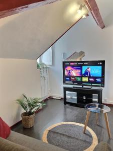 sala de estar con TV y sofá en WONDERHOST, au calme en hypercentre avec parking, en Pau