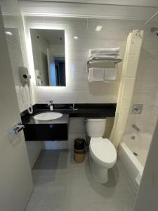 ein Badezimmer mit einem WC, einem Waschbecken und einem Spiegel in der Unterkunft Royal Hotel Bronx in Bronx