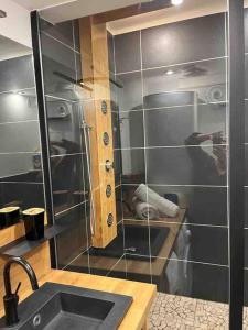 uma pessoa tirando uma foto de um chuveiro em uma casa de banho em Escale Studio 21m Aéroport CDG Parc expo Astérix em Gonesse