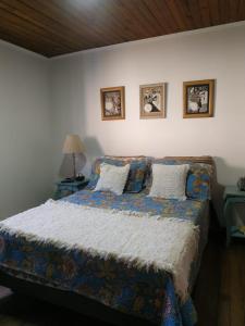 Casita Casa con parque, estacionamiento y pileta en Tigre في تيغري: غرفة نوم بسرير وصورتين على الحائط