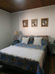 una camera da letto con un letto e due quadri sul muro di Casita Casa con parque, estacionamiento y pileta en Tigre a Tigre