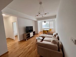 a living room with a couch and a tv at Skopje Eluxory Apartments in Skopje