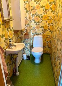 a bathroom with a toilet and a sink at Stort hus med trädgård - sjötomt med egen båt in Västra Ryd +10 photos