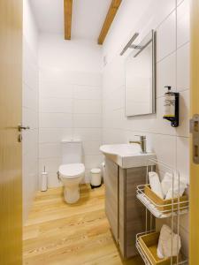 La salle de bains est pourvue de toilettes, d'un lavabo et d'un miroir. dans l'établissement Casa do Rego, à Melgaço