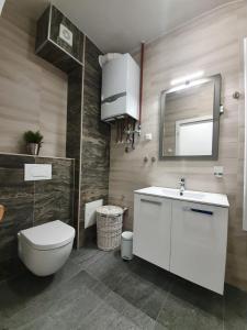 a bathroom with a toilet and a sink and a mirror at Grey Suites in Zagreb