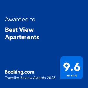 Sertifikāts, apbalvojums, norāde vai cits dokuments, kas ir izstādīts apskatei naktsmītnē Best View Apartments