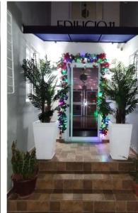 a front door with potted plants in front of it at Flia Alcantara CG in Naiboa