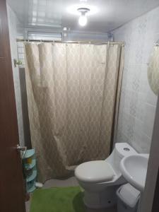 a bathroom with a shower and a toilet and a sink at Flia Alcantara CG in Naiboa