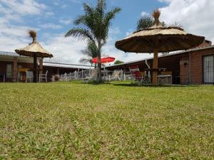 dos sombrillas de paja en un patio junto a un edificio en solo turistas en Salta