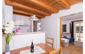 eine Küche und ein Esszimmer mit einem Tisch und einer Flasche Wein in der Unterkunft 2 Bedroom Stunning Apartment In Zuljana in Žuljana