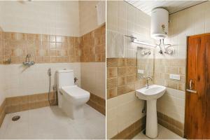 two pictures of a bathroom with a toilet and a sink at FabExpress Sagar Residency in Mussoorie