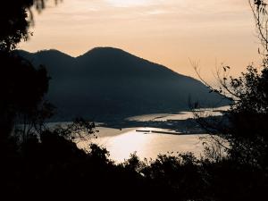 Momojimaにある"ヒトツル"Hitotsuru in Setouchiの山を背景に見える湖