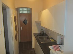 a small kitchen with a sink and a door at Apartments Messe-Prater in Vienna