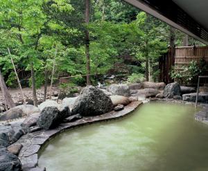 那須塩原市にある秘湯の宿　元泉館の岩と木の緑水プール