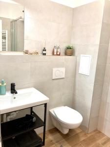 bagno con servizi igienici bianchi e lavandino di BERUŠKA Apartmán a Oščadnica