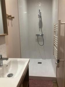 uma casa de banho branca com um chuveiro e um lavatório. em Studio avec Piscine em Saint-Médard-en-Jalles