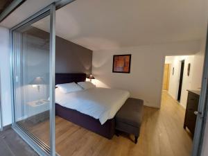 a bedroom with a bed and a glass wall at barbiccaja in Ajaccio