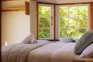 a bedroom with a large bed with two windows at Kaimata Cozy in Dunedin