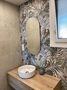 La salle de bains est pourvue d'un lavabo et d'un miroir sur un comptoir. dans l'établissement Bel appart rénové avec vue mer, à Bastia