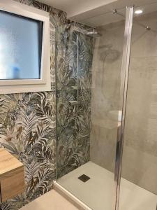La salle de bains est pourvue d'une douche et d'une télévision murale. dans l'établissement Bel appart rénové avec vue mer, à Bastia