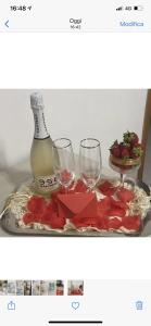 ein Tablett mit zwei Gläsern und einer Flasche Wein in der Unterkunft B&B Romy in Tropea