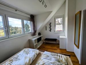 a bedroom with a bed and two windows at Ferienhof-Dachsberg Wohnung Highlander in Bermatingen
