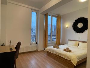 a bedroom with a large bed and two windows at NEW Central nr1 Self Checkin OldCity Center Paid Parking with Lift in Timişoara