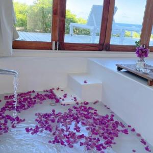 イニャンバネにあるMar-Me-Quer, Eco Beach Retreatの- 紫の花が咲く洗面台付きのバスルーム