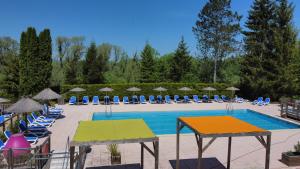 una grande piscina con sedie e molto di camping Le moulin a Patornay