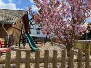 a playground with a tree and a swing at Landurlaub in Schmallenberg Landstübchen in Schmallenberg
