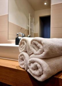 un montón de toallas sentadas en un mostrador en un baño en Pension Rio en Schneeberg