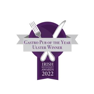 a banner for a pasta pub of the year usher winner with fork and knife at The Rusty Mackerel in Teelin