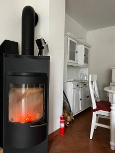 a living room with a fireplace and a kitchen at Rosenfeld 2 in Pinneberg