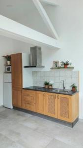 una cocina con armarios de madera y fregadero en Gite lumineux de 45m2 en cœur de ville en Saint-Avertin