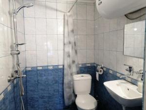 uma casa de banho com um WC, um lavatório e um chuveiro em ВИЛА БАЕВИ em Velingrad