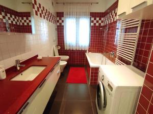 een rood-witte badkamer met een wastafel en een wasmachine bij Appartamento Wilma in Spormaggiore