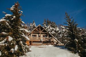 une cabane en rondins dans la neige avec des arbres dans l'établissement Les chalets de Pré Clos en Vercors, à Saint-Andéol