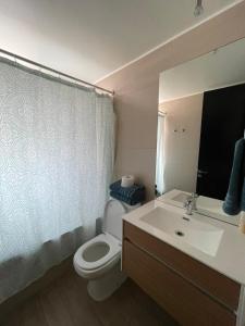 a bathroom with a toilet and a sink and a mirror at 24 metros Clínica las Condes in Santiago