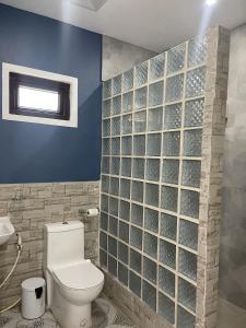 a bathroom with a toilet and a blue wall at Siquijor Plage Inn in Siquijor