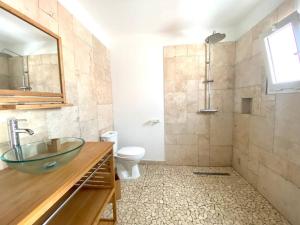 a bathroom with a glass sink and a shower at Ti Pêcheurs vb Bord de mer in Saint-Pierre