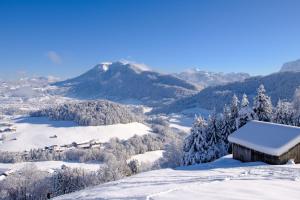 una cabina nella neve con montagne sullo sfondo di HEUBERG 1014 - FERIEN - Wohnen a Schwarzenberg im Bregenzerwald